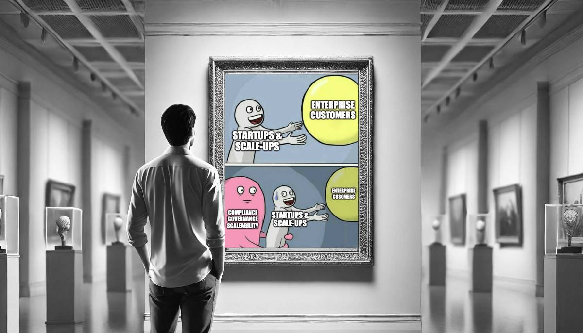 A man views a meme as fine art in a museum setting.